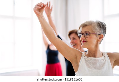 Group Of Female Seniors In Dancing Class With Dance Teacher.