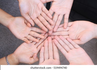 The group of female student with hands in stack, strong concept about teamwork and cooperation, also refers to immigration and friendship.