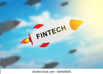 Group Of Fintech Or Financial Technology Flat Design Rocket With Blurred Background And Soft Light Effect