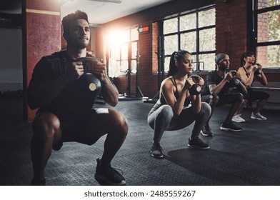 Group, fitness and workout with kettlebell to squat in class for muscle, wellness or healthy body. Team, exercise and strong people weightlifting for power, bodybuilding and training together at gym - Powered by Shutterstock