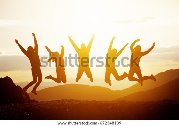 Group Five Happy Friends Jumps Sunset Stock Photo Edit Now 672348139 Group Five Happy Friends Jumps Sunset Stock Photo Edit Now 672348139