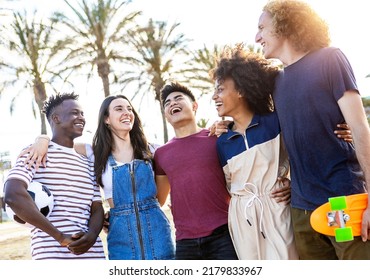 Group Of Five Happy Young People Standing Outside Together On Vacation - Multiracial Friends Enjoying Summertime On Holidays