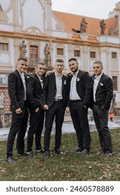 A group of five men in suits are posing for a photo in front of a building. Scene is formal and professional, as the men are dressed in suits and ties. The setting of the photo is a courtyard or park