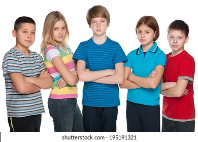 A Group Of Five Pensive Children Are Standing On The White Background