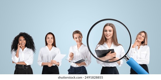 Group of five professional women dressed in white shirts standing against a light blue background. One woman is highlighted with a magnifying glass, suggesting a concept of selection or recruitment - Powered by Shutterstock