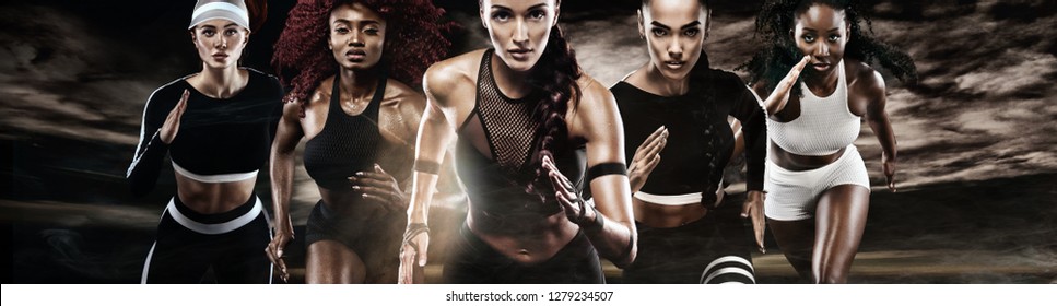 Group of five strong athletic women, sprinters, running on dark background wearing in the sportswear, fitness and sport motivation. Runner concept. - Powered by Shutterstock