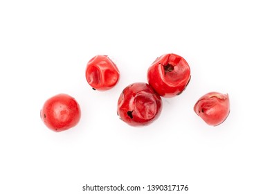 Group Of Five Whole Peruvian Pink Pepper Macro Flatlay Isolated On White Background