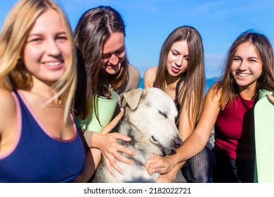 Group Of Five Women Practicing Yoga Assans In Morning Beach . Only Girls Session