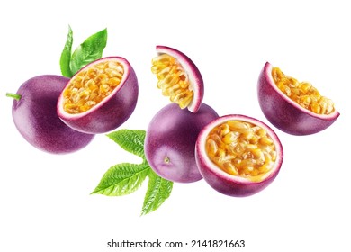 Group of flying ripe passion fruits whole and in half with leaves isolated on a white background. - Shutterstock ID 2141821663