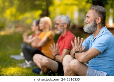 Group of focused seniors practicing yoga in serene park setting, elderly men and women aligned in meditation pose with eyes closed and peaceful expressions, older people meditating outdoors - Powered by Shutterstock