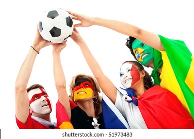 Group of football fans holding a soccer ball with their faces painted - Isolated over white - Powered by Shutterstock