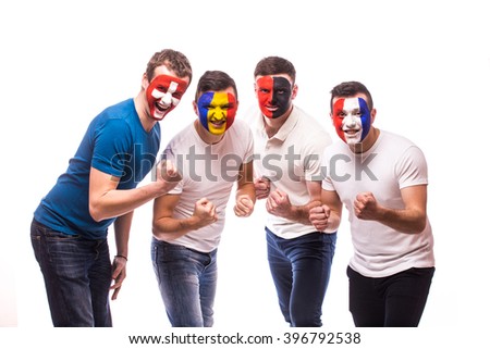 Group of football fans support their national team at camera on white background. European  football fans concept.