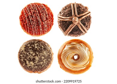 Group of four different flavoured doughnuts bounty, red velvet, choco brownie and bounty.  - Shutterstock ID 2209919725