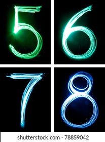 A group of four numbers, written beam of light in total darkness.