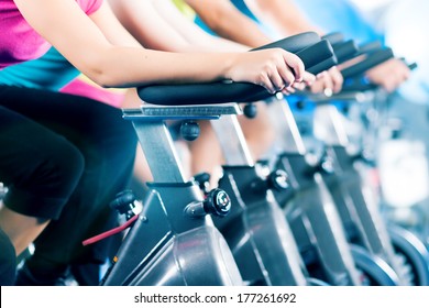 Group of four people biking in the gym, exercising their legs doing cardio training