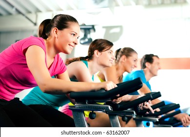 Group of four people in the gym, exercising their legs doing cardio training