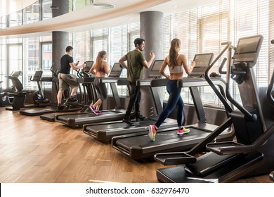 Gruppe von vier Personen, Männer und Frauen, die auf Laufbändern in einem modernen und hellen Fitnessraum laufen