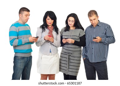 Group Of Four People In A Row Using Their Phones  To Writing Or Reading SMS Isolated On White Background