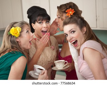 Group of four retro fashion housewives tell secrets in the kitchen - Powered by Shutterstock