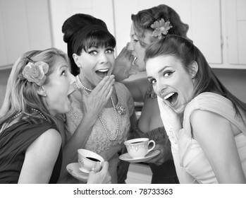 Group of four retro fashion housewives tell secrets in the kitchen - Powered by Shutterstock