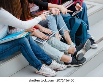 Group Of Four Young Attractive Asian Girls College Students Studying Together In University Campus Outdoor. Concept For Education, Friendship And College Students Life.