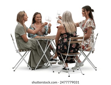 Group of four young women sitting in a restaurant and celebrating isolated on white background - Powered by Shutterstock