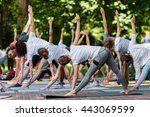 Group free exercise class for people of different age and gender in the city park. International Day of Yoga, summer