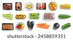 Group of fresh food in plastic wrap on white background