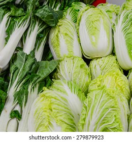 Group Of Fresh Organically Grown Baby Bok Choy And Napa Cabbage In The Farmer Market At Puyallup, Washington, USA