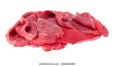 Group Of Fresh Raw Thinly Sliced Beef Sandwich Steaks Isolated On A White Background