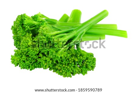 Group of fresh steamed tenderstem broccoli isolated on a white background