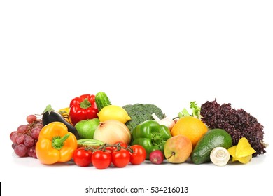 Group Of Fresh Vegetables And Fruits On White Background