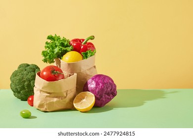 A group of fresh vegetables placed in paper bag on the left side of green countertop, blank right side for product presentation. Empty space for text, front angle - Powered by Shutterstock