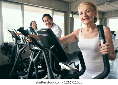 Group Friend Of Senior Runner At Gym Fitness Smiling And Happy.  Elderly Healthy Lifestyle.