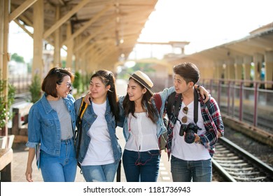 Group Of Friend Traveler On The Train ,Travel Lifestyle And Seasonal Vacation Concept.