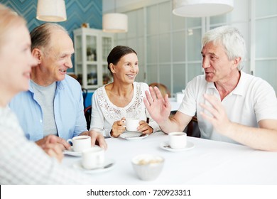 Group Of Friendly Senior People Gathered In Cafe For Talk By Cup Of Coffee