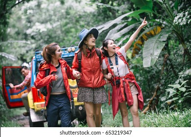 Group Of Friends Asian With Backpacks Are Camp Forest Adventure Travel Remote Relax Concept