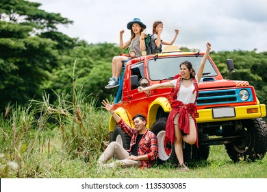 Group Of Friends Asian Camp Forest Adventure Travel Remote Relax Concept, Mountain View. 