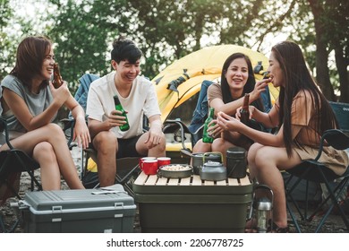 Group Of Friends At Campground, Camping Tent With Friends, Diverse Asian Young Family Hangout Together At Camp Yard. Outdoor Activity And Leisure On Holiday.