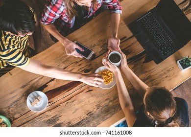 Group of Friends are chitchatting during meal in cafe. - Shutterstock ID 741161008