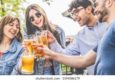 Group Of Friends Drinking Beer At Brewery Bar Outdoors - Happy Genuine Friends Enjoying Time Together After Work