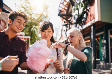 Group Of Friends Eating Cotton Candy In Amusement Park. Young Man And Women Sharing Cotton Candy Floss At Carnival.