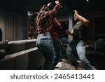 A group of friends enjoying a lively dance in the comfort of a warm, well-decorated living room during a relaxed social gathering.