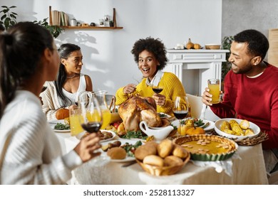 A group of friends enjoys Thanksgiving dinner together, sharing smiles and tasty dishes. - Powered by Shutterstock