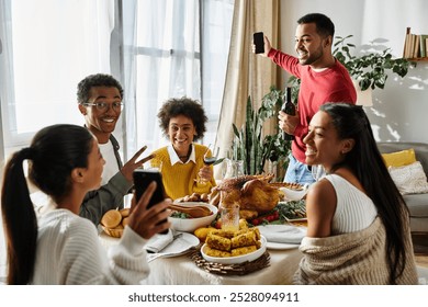 A group of friends feasting, sharing stories, and enjoying Thanksgiving in a cozy living room. - Powered by Shutterstock