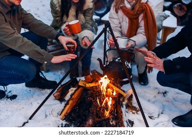 Group of friends gathering around bonfire in backyard, drinking tea and warming hands. Two happy couples relaxing and enjoying winter season while sitting around fire. Outdoor winter entertaining - Powered by Shutterstock