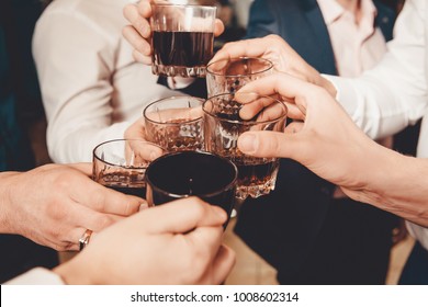 Group Of Friends Guys With Glasses Of Whiskey. Concept Bachelor Party 