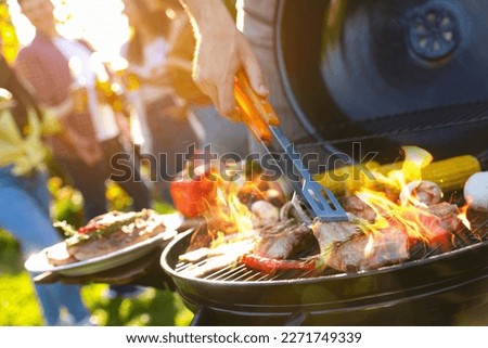 Group of friends having barbecue party outdoors, closeup