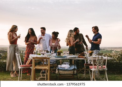 Group of friends having drinks at party in garden. Millennials enjoying dinner party outdoors.