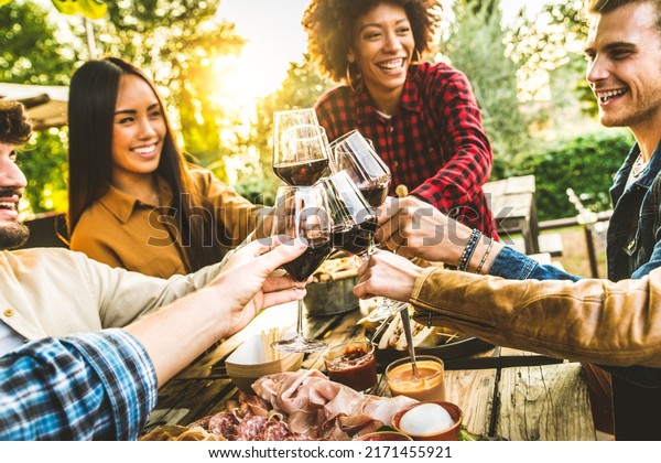 Group of friends having fun at bbq dinner in\
garden restaurant - Multiracial people cheering red wine sitting\
outside at bar table - Social gathering, youth and beverage\
lifestyle concept
